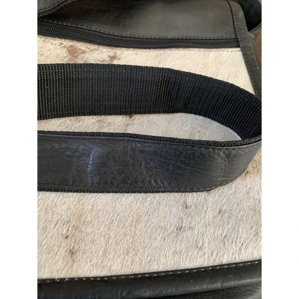 Black Leather Calf Hair Messenger Crossbody Bag Western‎ Boho Travel Organizer